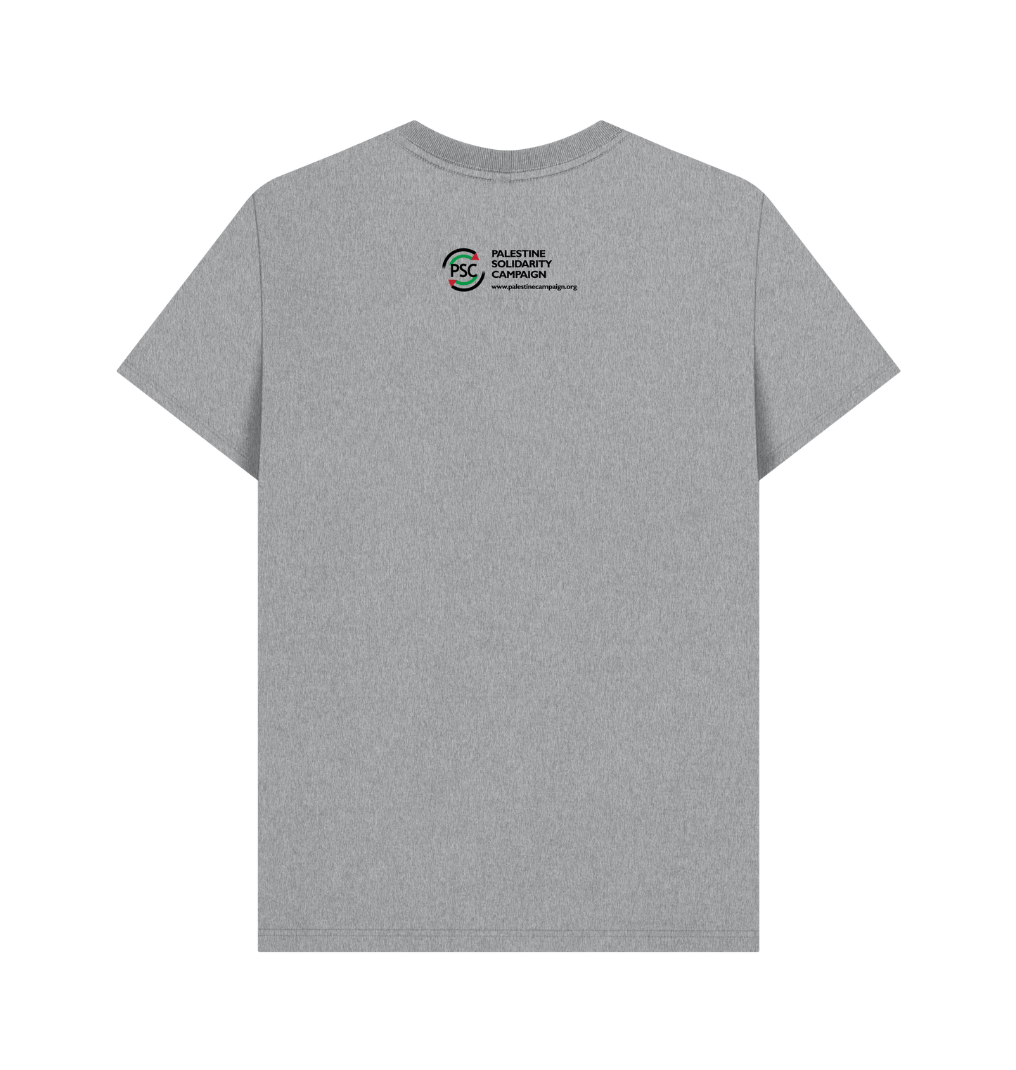 Athletic Grey Printed Delete Genocide Tech back featuring Palestine Solidarity Campaign logo