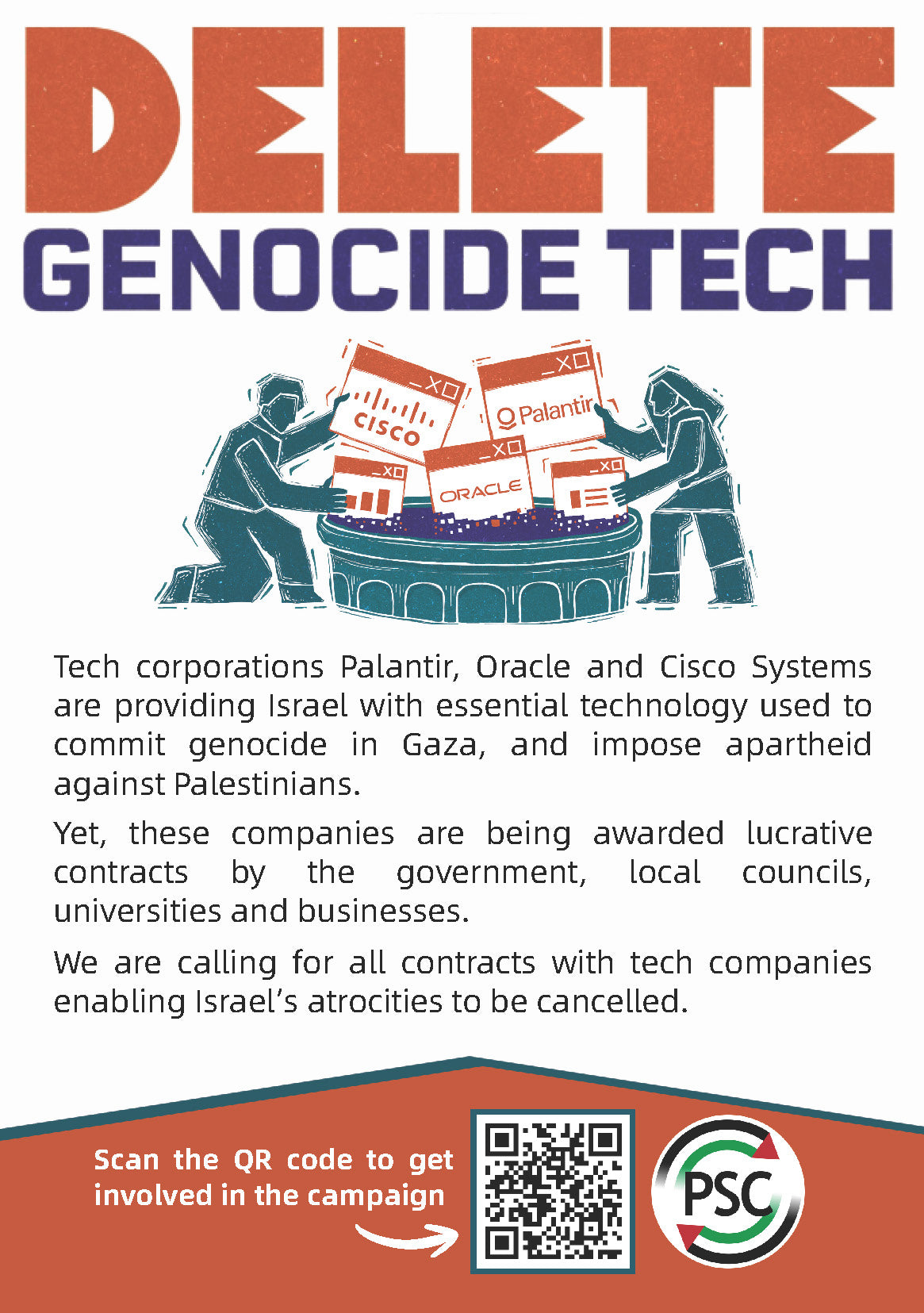 Delete Genocide Tech leaflet. Boycott technology companies supporting Israel's actions in Gaza.
