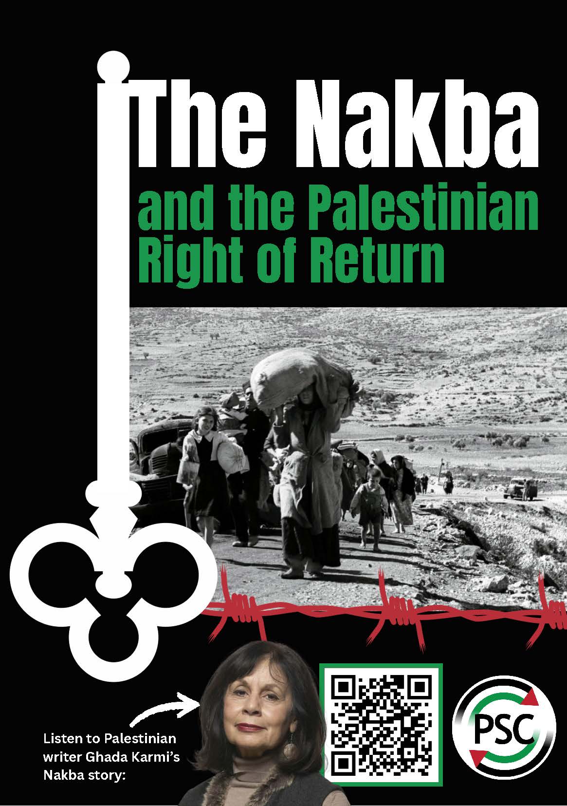 A5 cover of 'The Nakba and the Palestinian Right of Return' leaflet with a black and white photo of refugees, a barbed wire border, and a QR code.