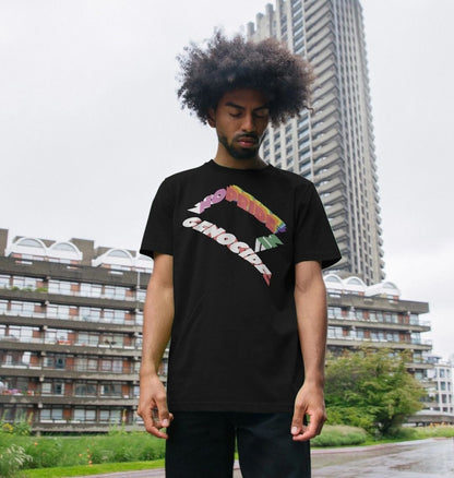 No pride in genocide black t-shirt. Man wearing the t-shirt in front of a building.