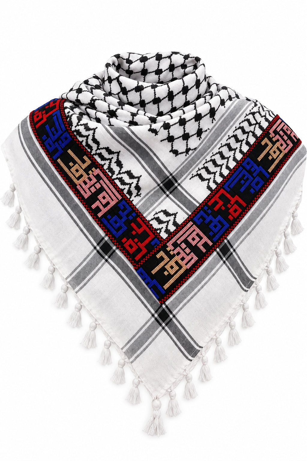 Black and white keffiyeh with Palestine Cities Tatreez ( traditional embroidery) on a white background. 
