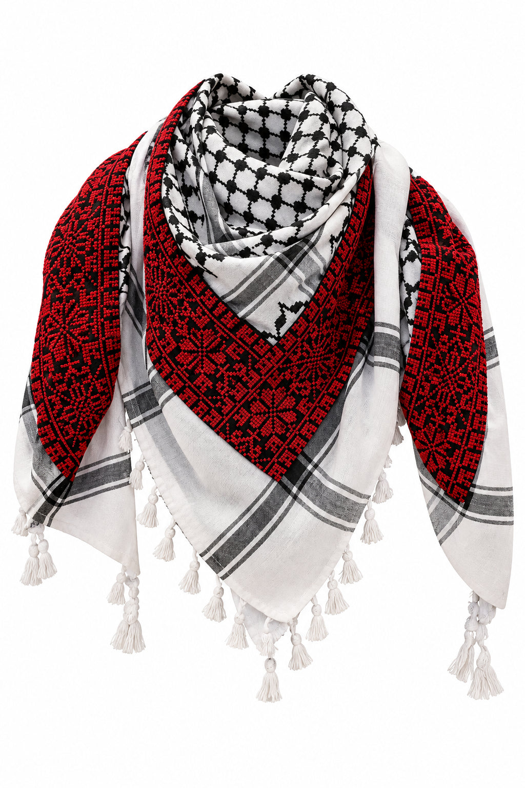 Black and white keffiyeh with traditional red Tatreez (embroidery) on a white background.